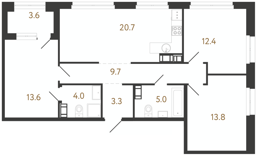 3-комнатная квартира  №89 в Куинджи: 82.5 м², этаж 13 - купить в Санкт-Петербурге