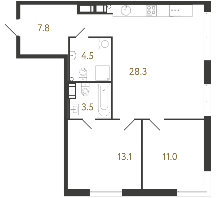 2-комнатная квартира  №154 в Струны I: 68.2 м², этаж 21 - купить в Санкт-Петербурге