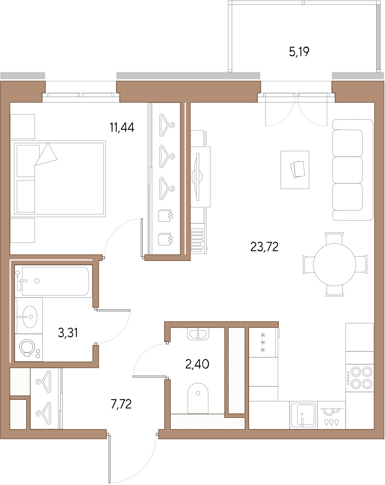1-комнатная квартира  №279 в VIDI: 48.59 м², этаж 4 - купить в Санкт-Петербурге