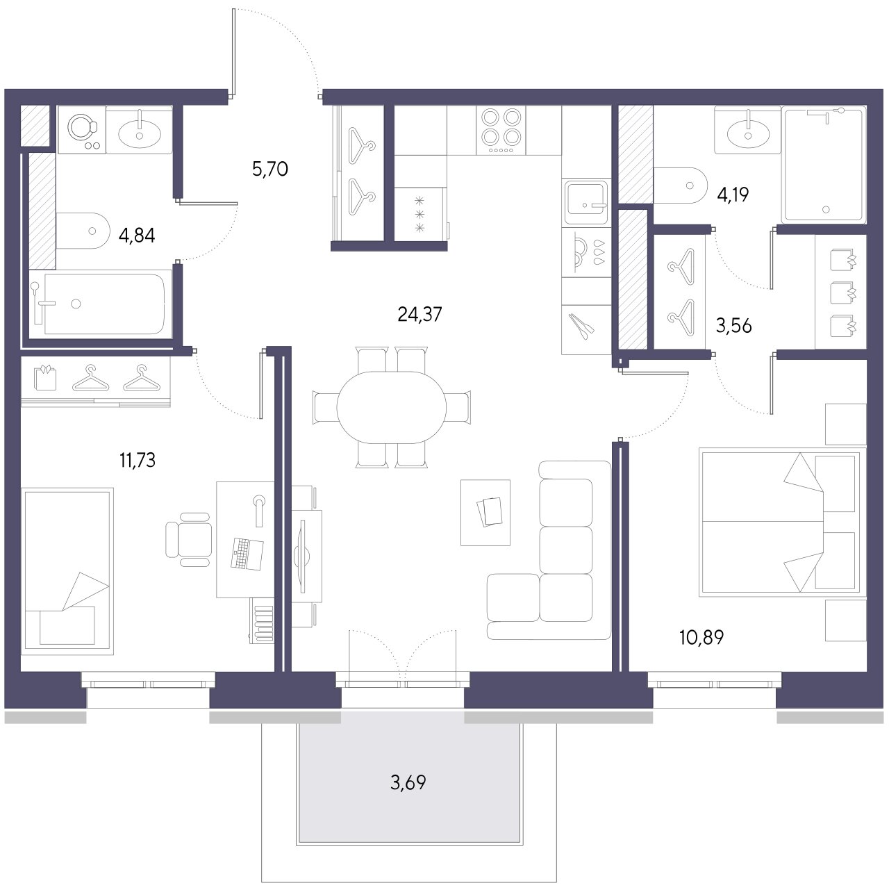 2-комнатная квартира  №404 в ЖК Ultra City ll: 65.28 м², этаж 9 - купить в Санкт-Петербурге