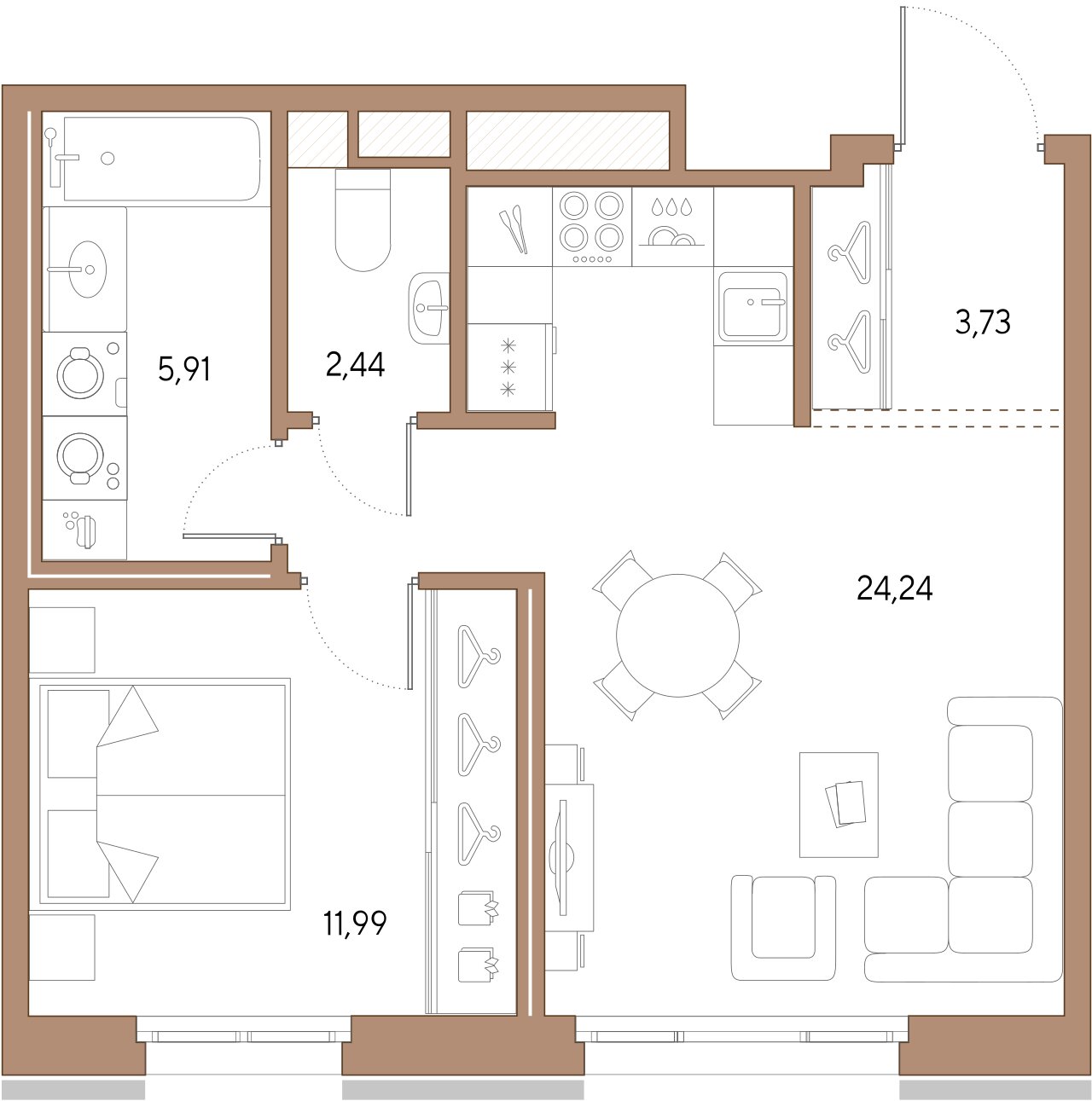 1-комнатная квартира  №338 в VIDI: 48.31 м², этаж 6 - купить в Санкт-Петербурге