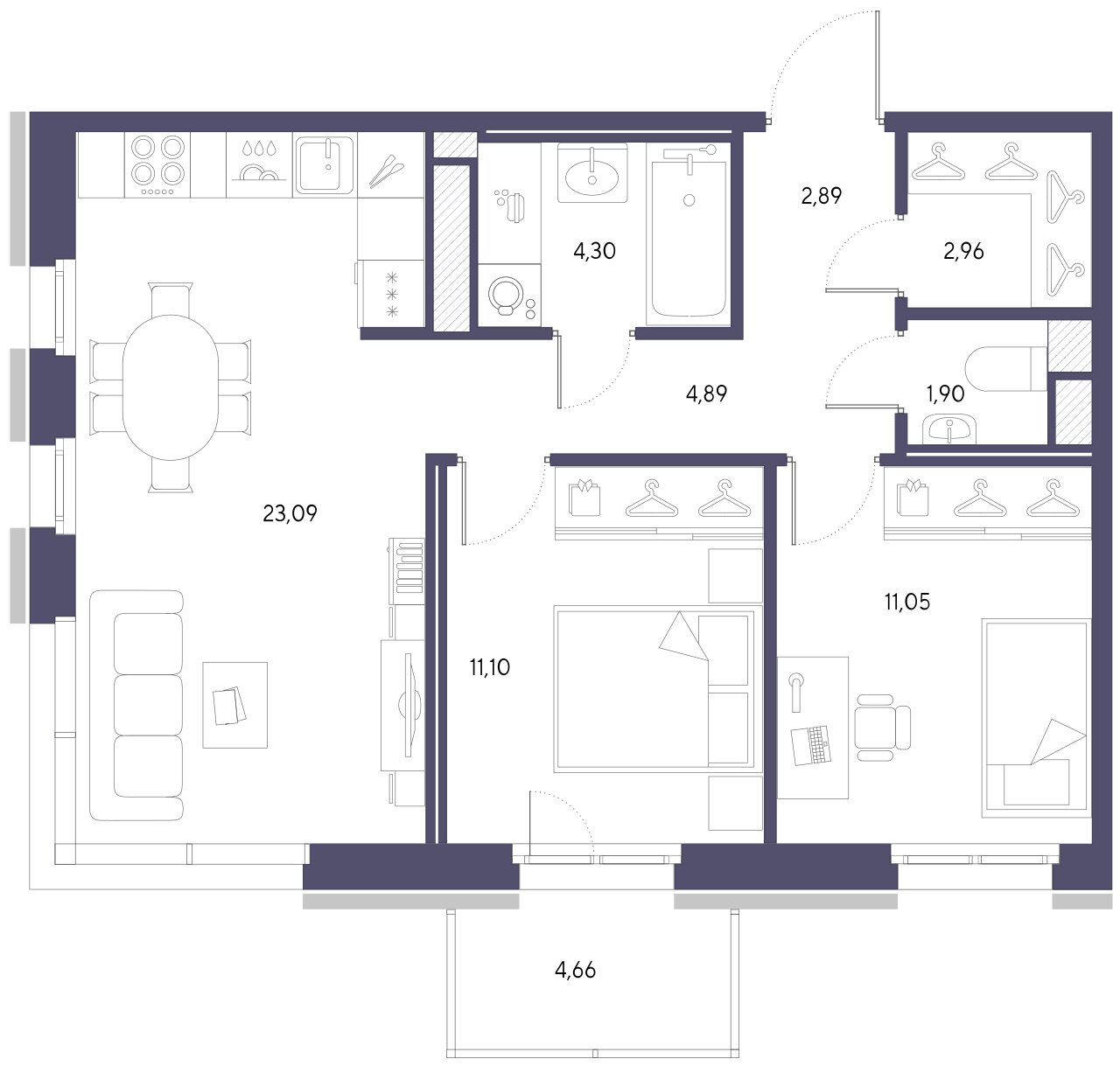 2-комнатная квартира  №263 в VIDI: 62.18 м², этаж 9 - купить в Санкт-Петербурге
