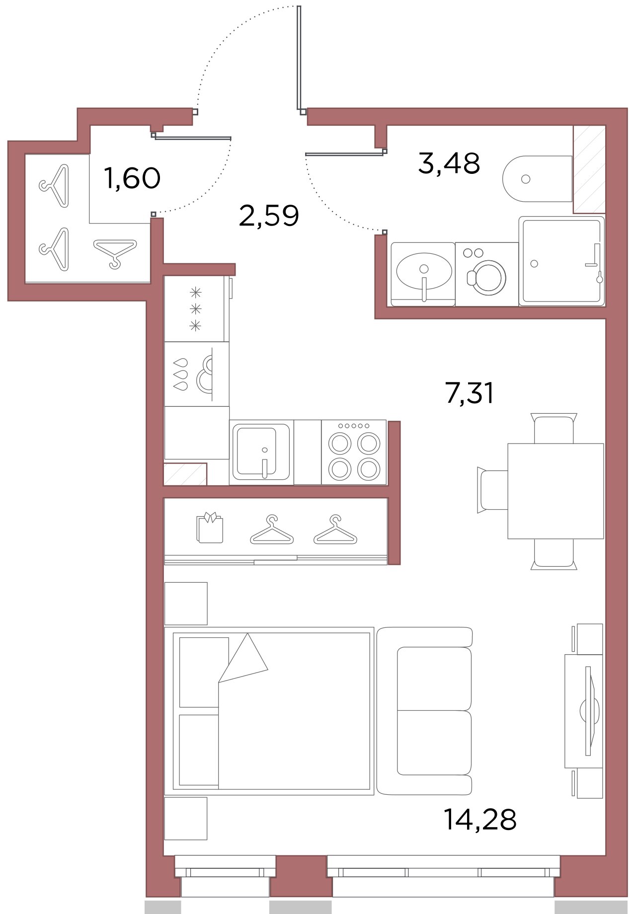 1-комнатная квартира  №114 в Лисичанская, 22: 28.41 м², этаж 7 - купить в Санкт-Петербурге