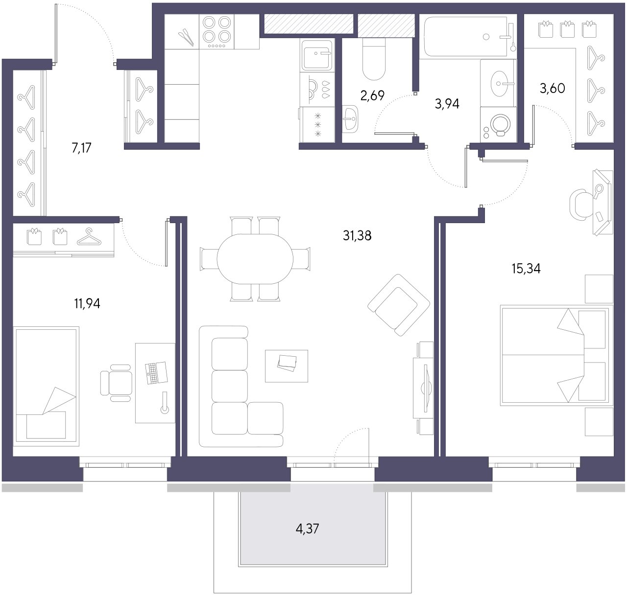 2-комнатная квартира  №476 в VIDI: 76.06 м², этаж 6 - купить в Санкт-Петербурге