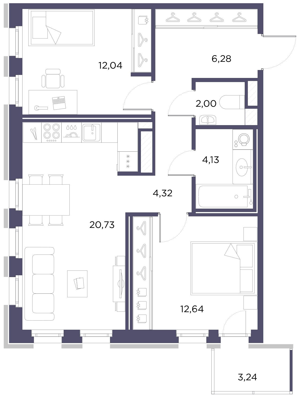 2-комнатная квартира  №24 в NEOPARK: 62.14 м², этаж 3 - купить в Санкт-Петербурге