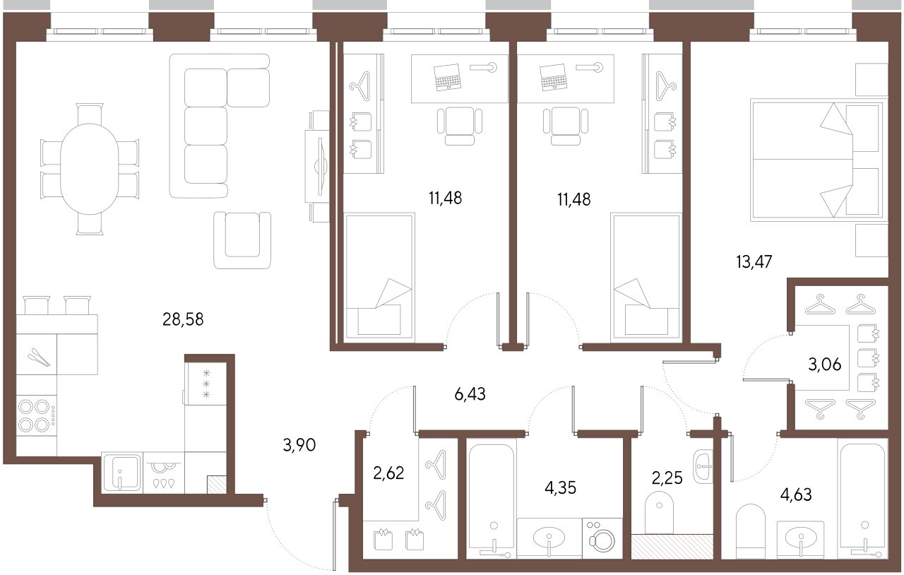 3-комнатная квартира  №447 в Черная речка, 41: 92.25 м², этаж 2 - купить в Санкт-Петербурге