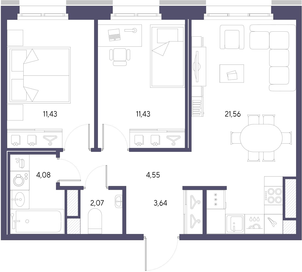 2-комнатная квартира  №390 в VIDI: 58.76 м², этаж 6 - купить в Санкт-Петербурге