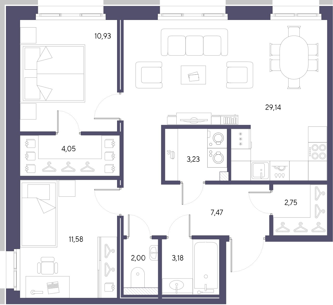 2-комнатная квартира  №216 в VIDI: 74.33 м², этаж 2 - купить в Санкт-Петербурге