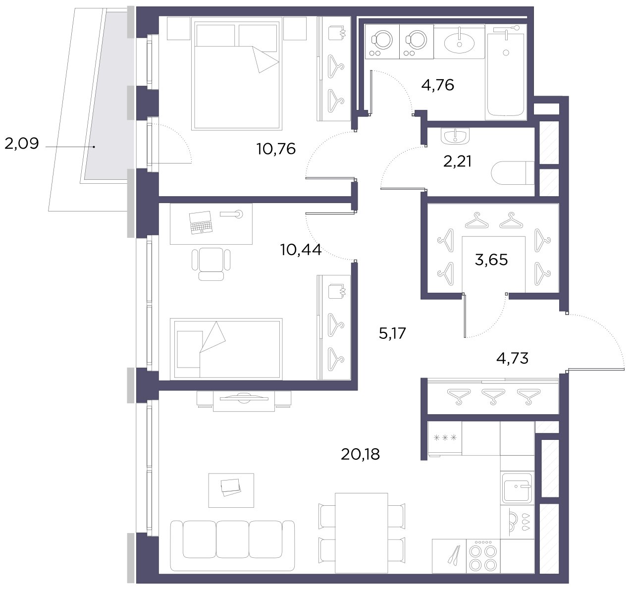 2-комнатная квартира  №63 в NEOPARK: 61.9 м², этаж 5 - купить в Санкт-Петербурге