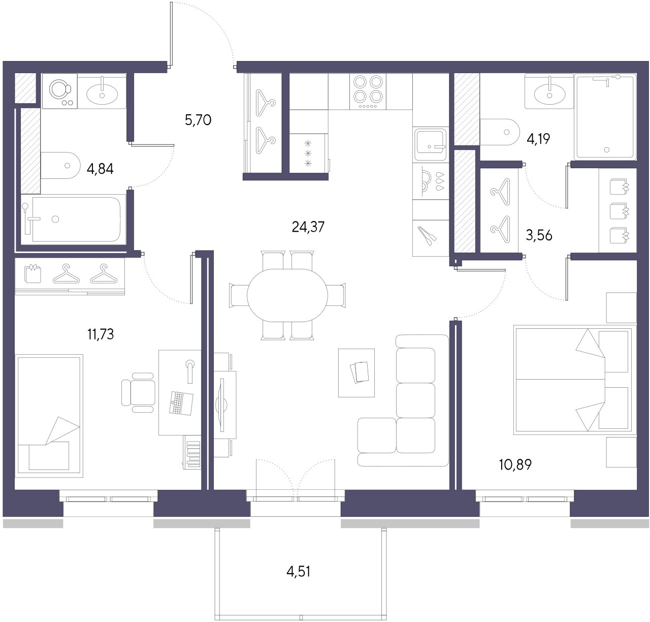 2-комнатная квартира  №393 в VIDI: 65.28 м², этаж 7 - купить в Санкт-Петербурге