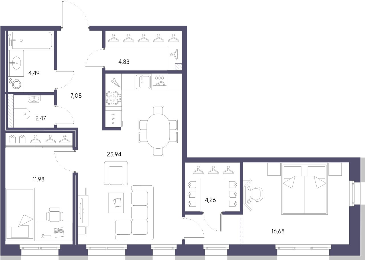 2-комнатная квартира  №487 в Черная речка, 41: 77.73 м², этаж 2 - купить в Санкт-Петербурге