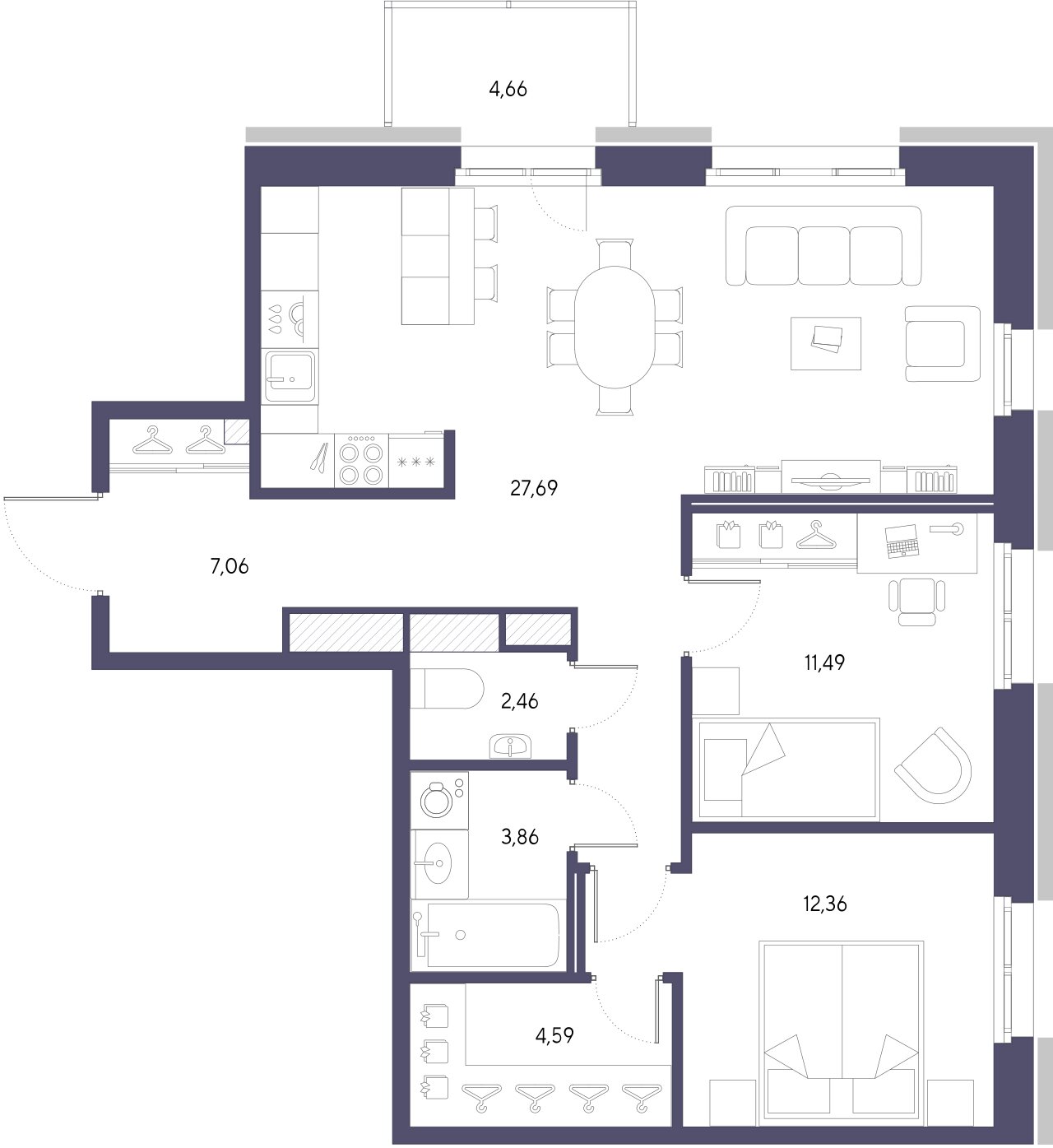 2-комнатная квартира  №502 в VIDI: 75.67 м², этаж 6 - купить в Санкт-Петербурге