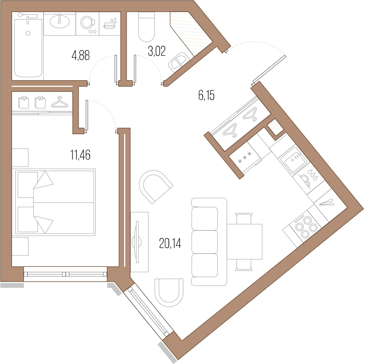 1-комнатная квартира  №187 в Малоохтинский, 68: 44.2 м², этаж 8 - купить в Санкт-Петербурге