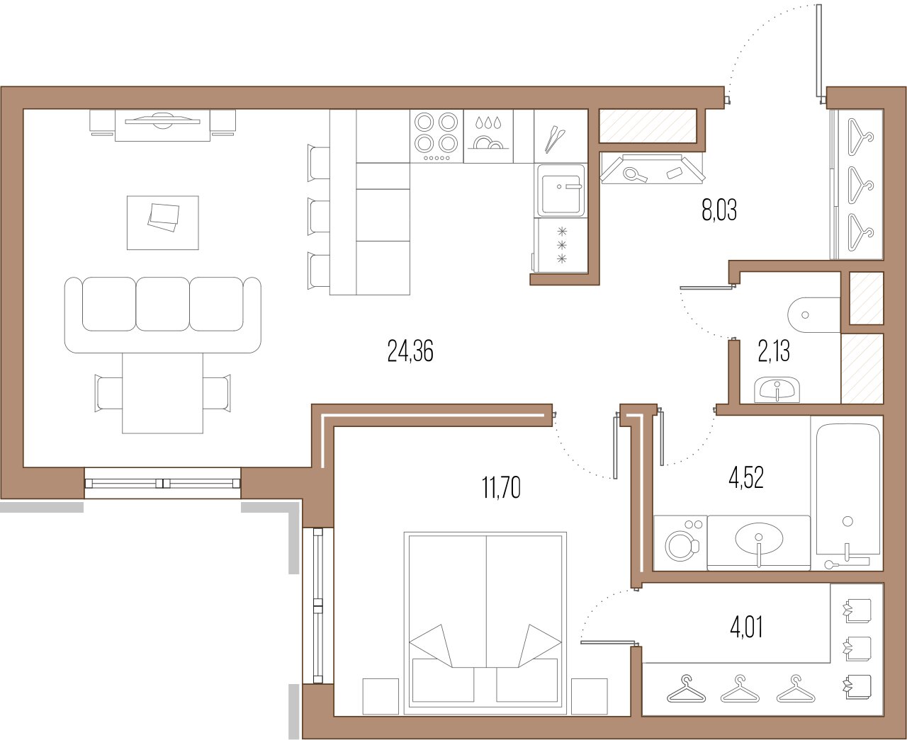 1-комнатная квартира  №137 в Малоохтинский, 68: 54 м², этаж 8 - купить в Санкт-Петербурге