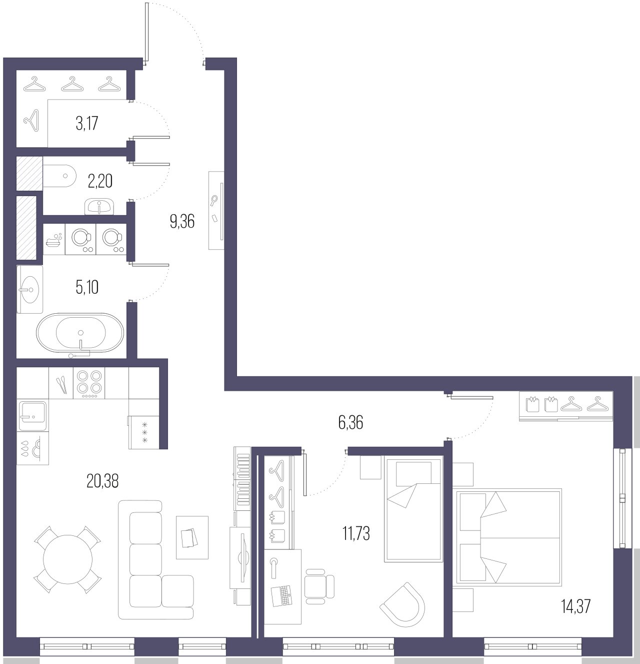 2-комнатная квартира  №476 в Малоохтинский, 68: 73.3 м², этаж 2 - купить в Санкт-Петербурге
