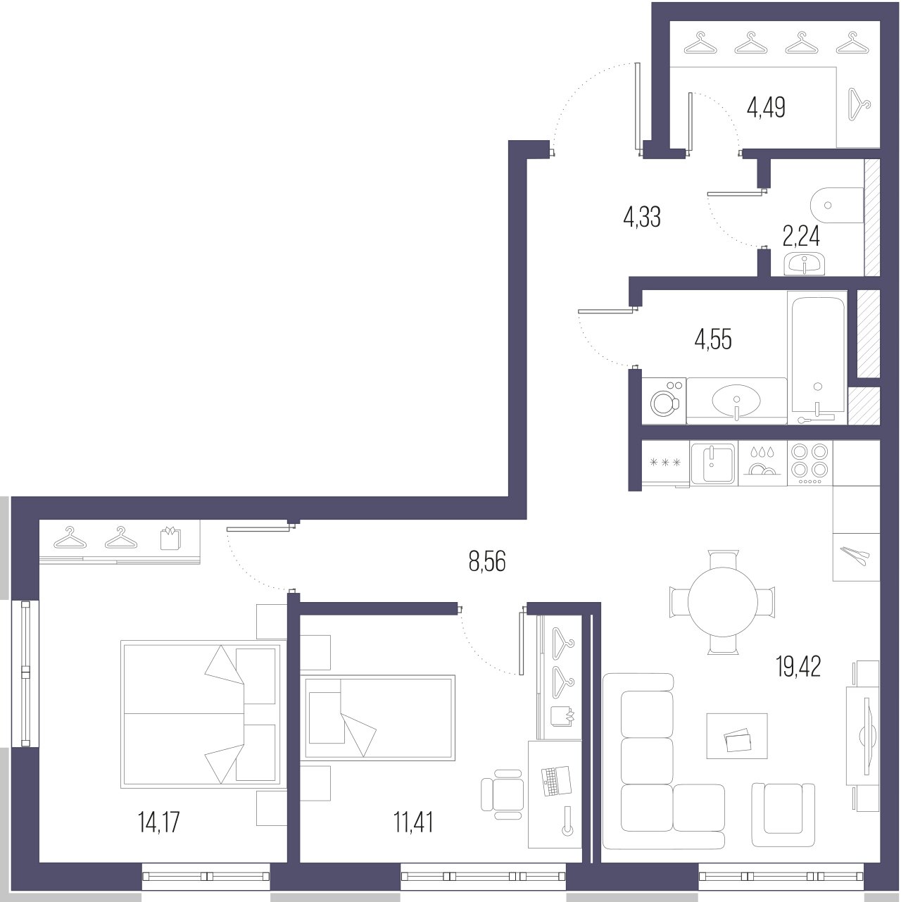 2-комнатная квартира  №638 в Малоохтинский, 68: 68.2 м², этаж 6 - купить в Санкт-Петербурге