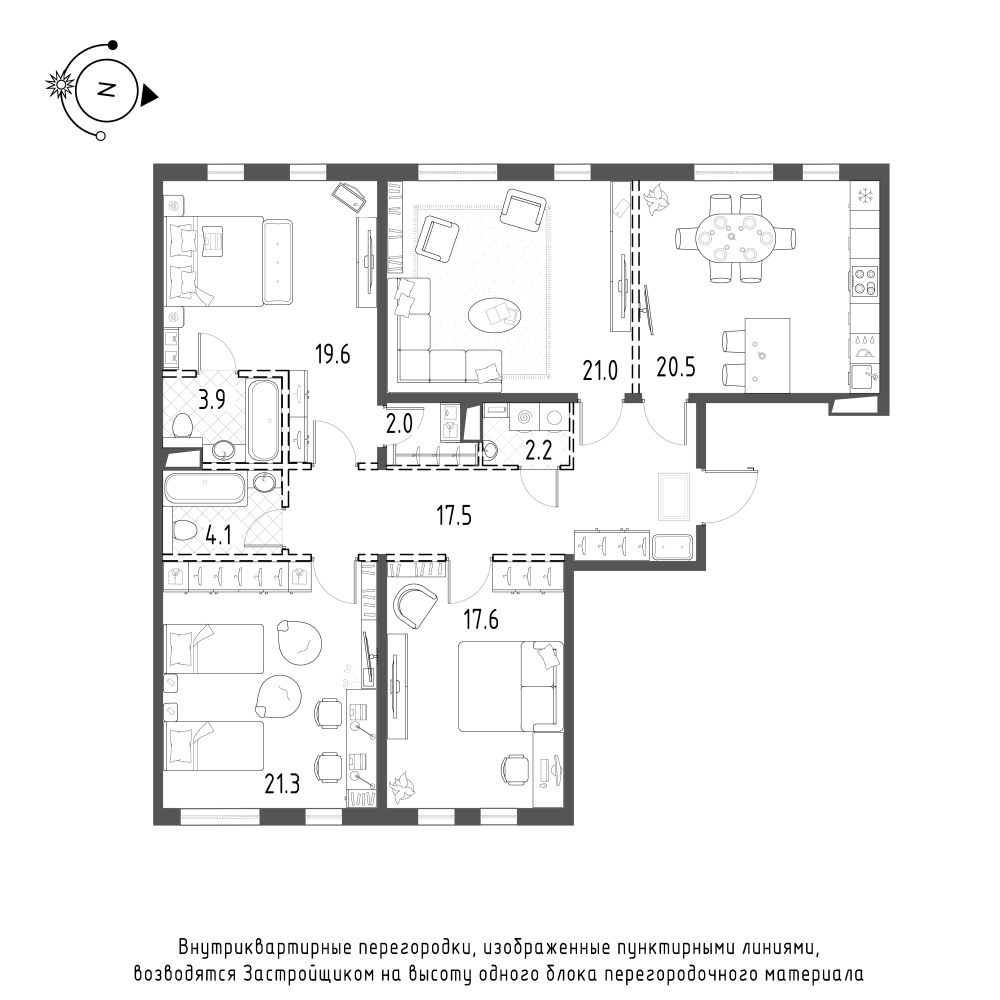 4-комнатная квартира  №388 в Domino Premium: 129.1 м², этаж 3 - купить в Санкт-Петербурге
