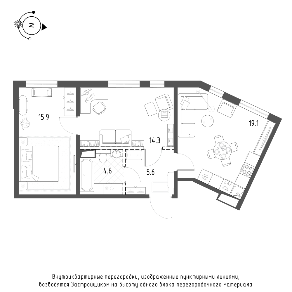 2-комнатная квартира  №356 в Domino Premium: 59.4 м², этаж 1 - купить в Санкт-Петербурге