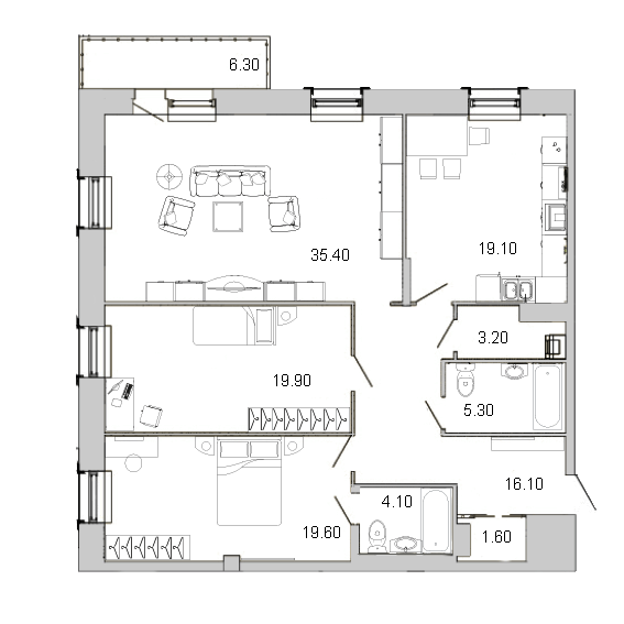 3-комнатная квартира  №У5/3-1 в Классика Дом для души: 124.8 м², этаж 5 - купить в Санкт-Петербурге