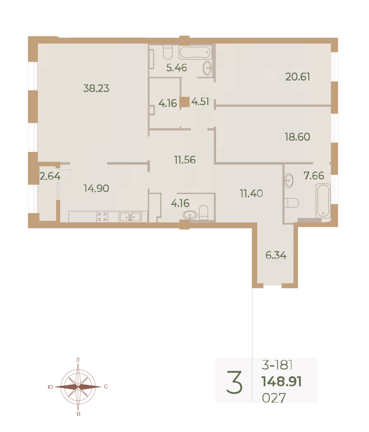 3-комнатная квартира  №27 в Neva Haus: 149.2 м², этаж 8 - купить в Санкт-Петербурге