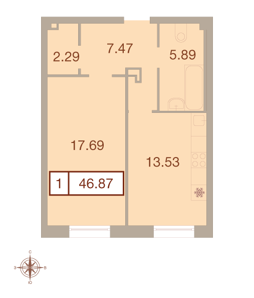 1-комнатная квартира  №92 в Neva Haus: 46.4 м², этаж 1 - купить в Санкт-Петербурге