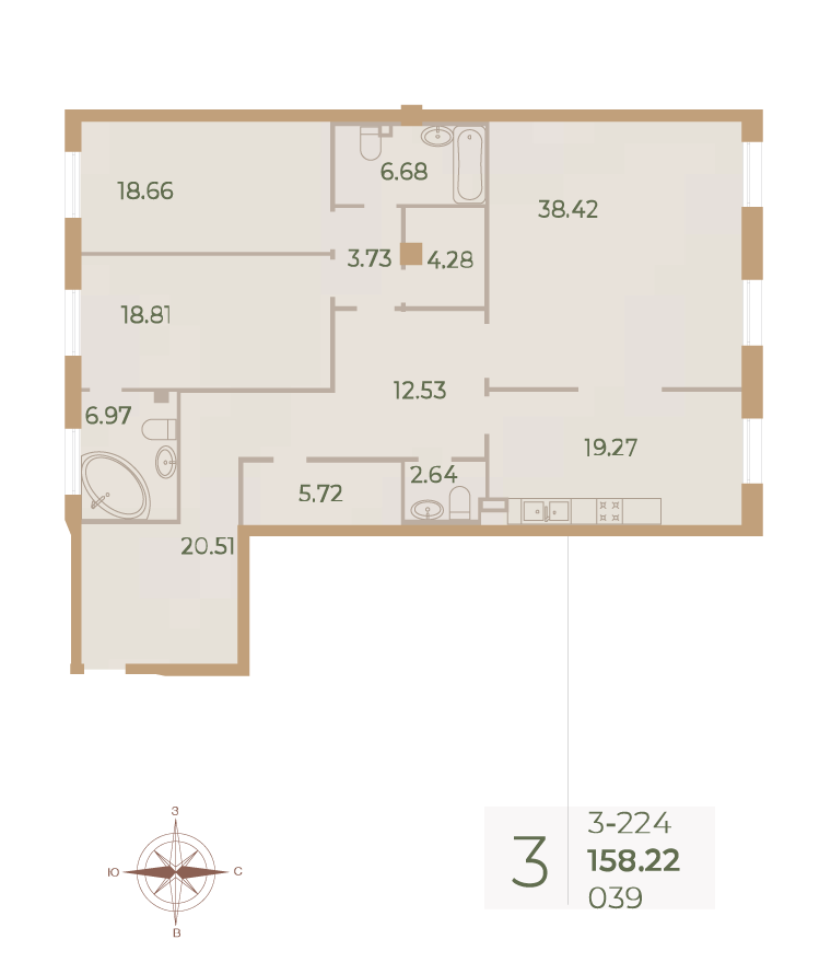 3-комнатная квартира  №39 в Neva Haus: 158.2 м², этаж 2 - купить в Санкт-Петербурге