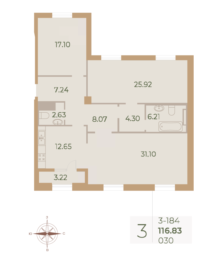 3-комнатная квартира  №30 в Neva Haus: 116.9 м², этаж 8 - купить в Санкт-Петербурге