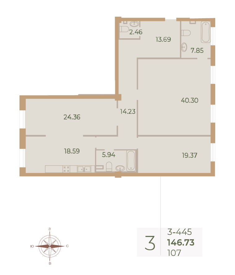 3-комнатная квартира  №107 в Neva Haus: 147 м², этаж 4 - купить в Санкт-Петербурге