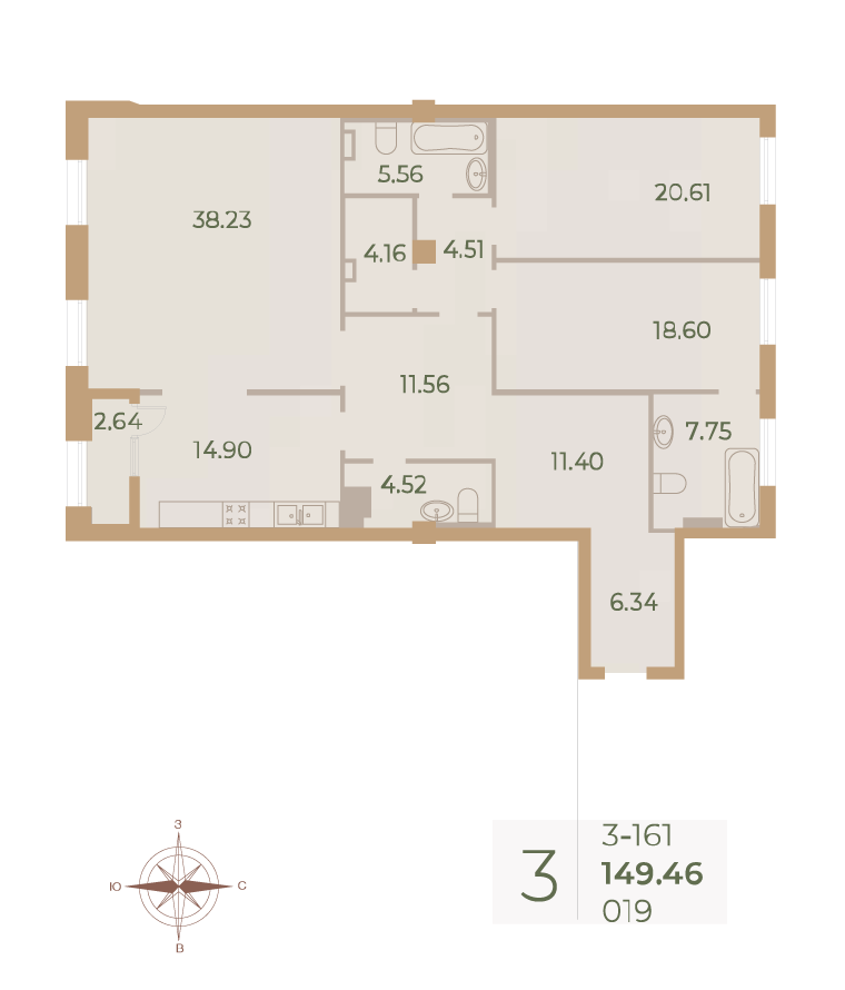 3-комнатная квартира  №19 в Neva Haus: 149.6 м², этаж 6 - купить в Санкт-Петербурге