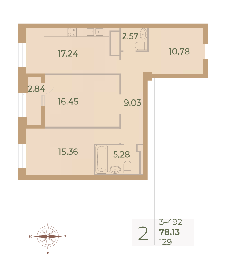 2-комнатная квартира  №129 в Neva Haus: 79.5 м², этаж 9 - купить в Санкт-Петербурге