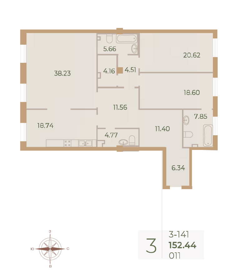 3-комнатная квартира  №11 в Neva Haus: 152.6 м², этаж 4 - купить в Санкт-Петербурге