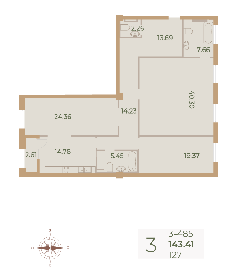 3-комнатная квартира  №127 в Neva Haus: 143.3 м², этаж 8 - купить в Санкт-Петербурге