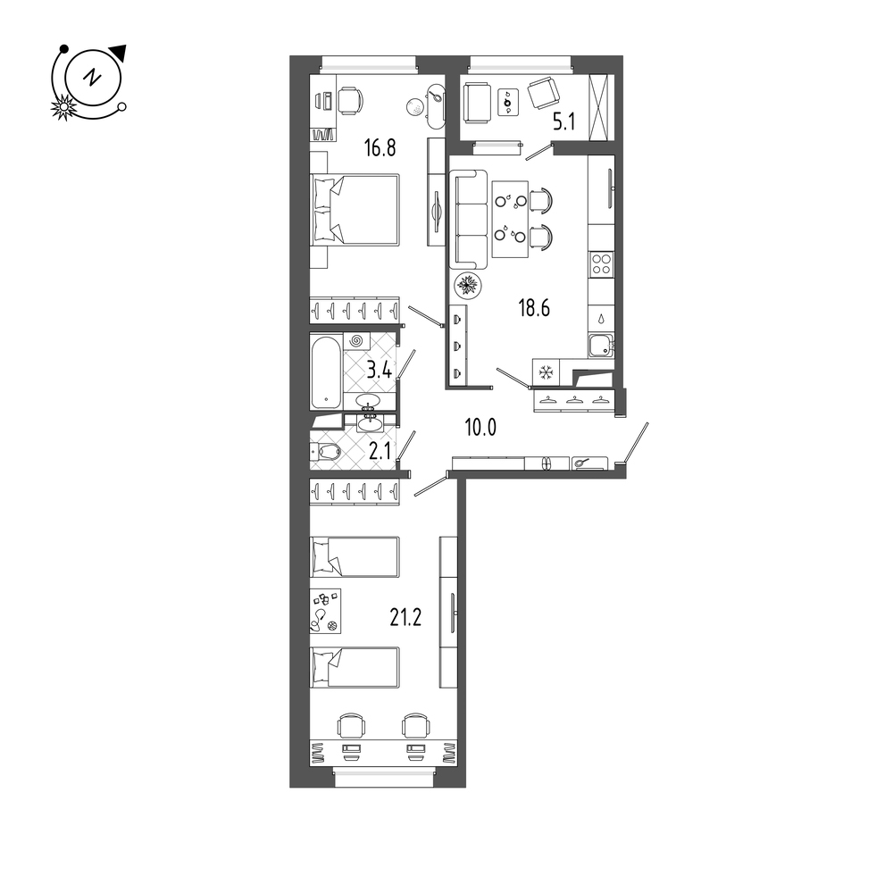 2-комнатная квартира  №118 в Domino: 74.9 м², этаж 10 - купить в Санкт-Петербурге