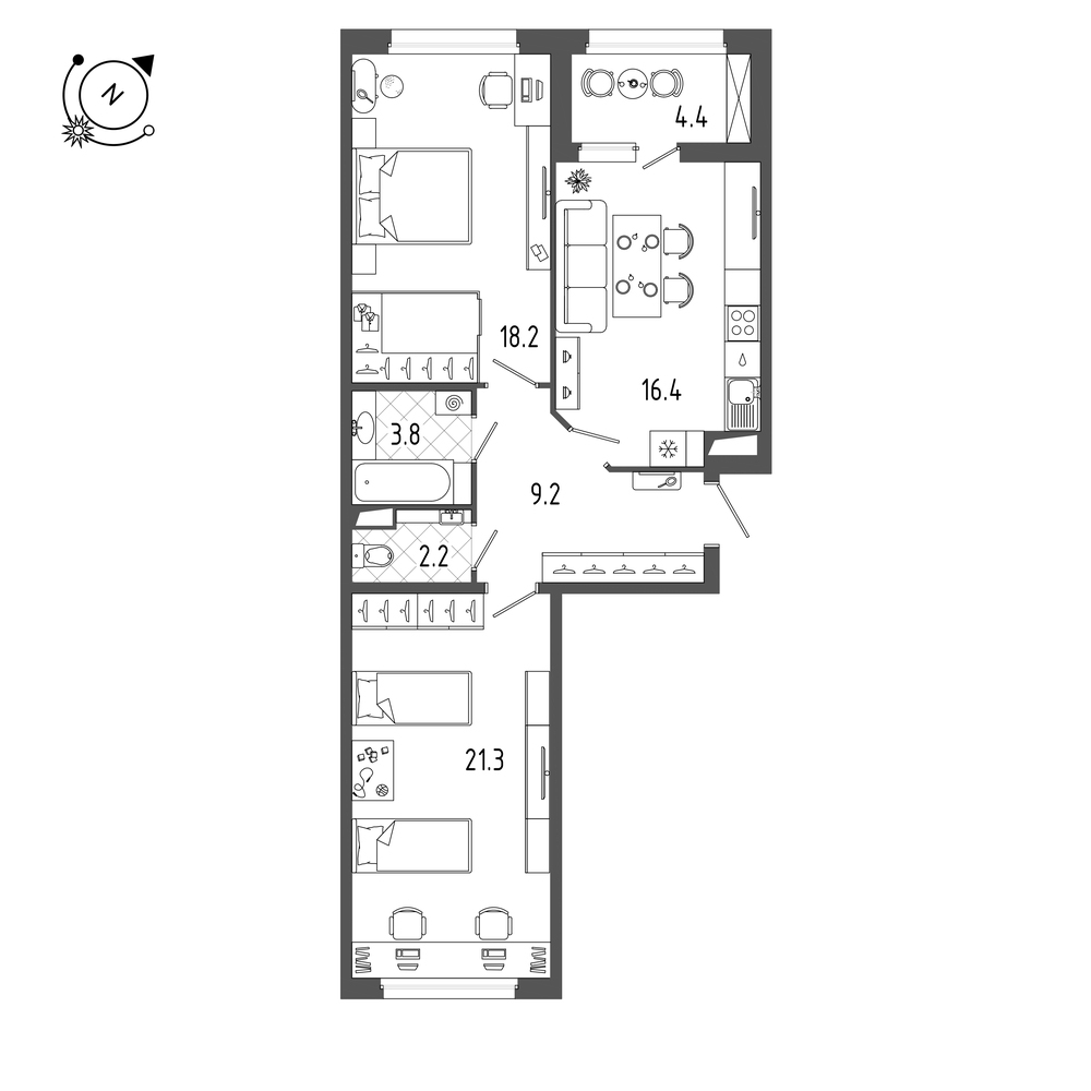2-комнатная квартира  №262 в Domino: 73.7 м², этаж 10 - купить в Санкт-Петербурге