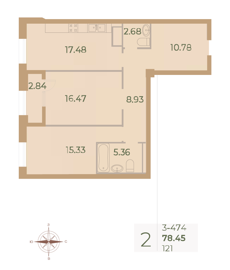 2-комнатная квартира  №121 в Neva Haus: 80 м², этаж 7 - купить в Санкт-Петербурге
