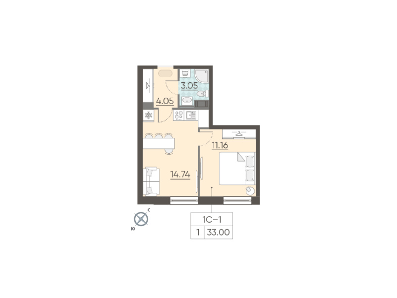 1-комнатная квартира  №246 в NEOPARK: 32.8 м², этаж 12 - купить в Санкт-Петербурге