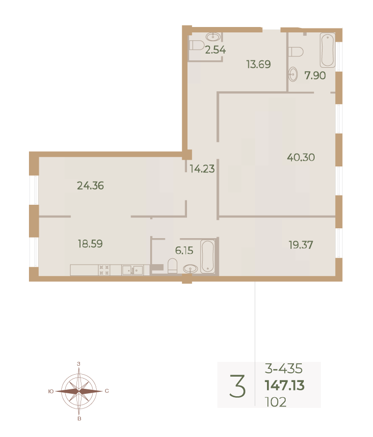 3-комнатная квартира  №102 в Neva Haus: 147.2 м², этаж 3 - купить в Санкт-Петербурге