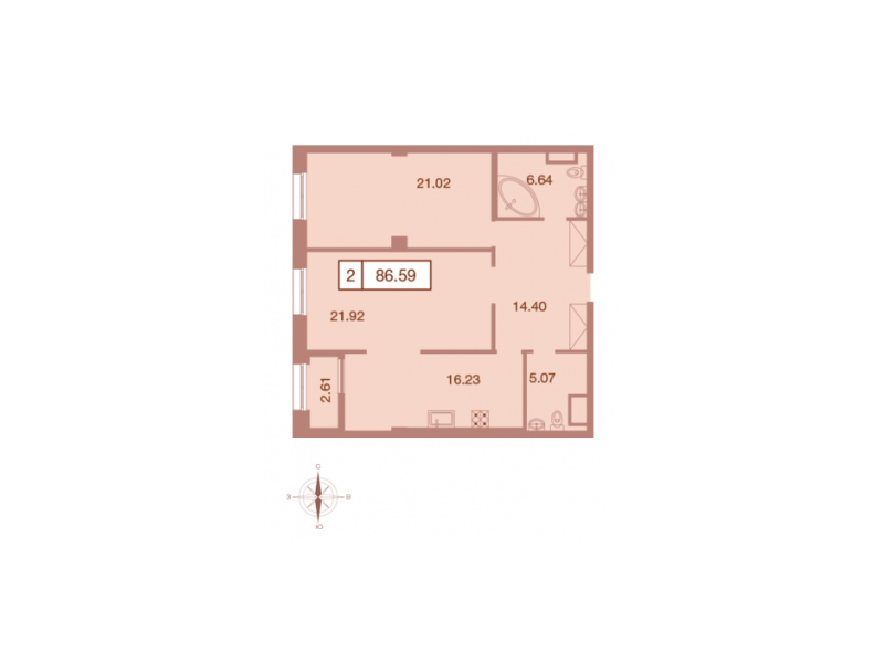 2-комнатная квартира  №35 в Neva Haus: 86.9 м², этаж 6 - купить в Санкт-Петербурге