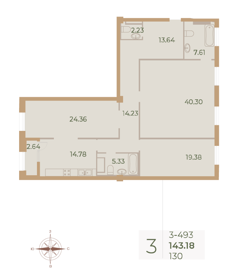 3-комнатная квартира  №130 в Neva Haus: 142.9 м², этаж 9 - купить в Санкт-Петербурге