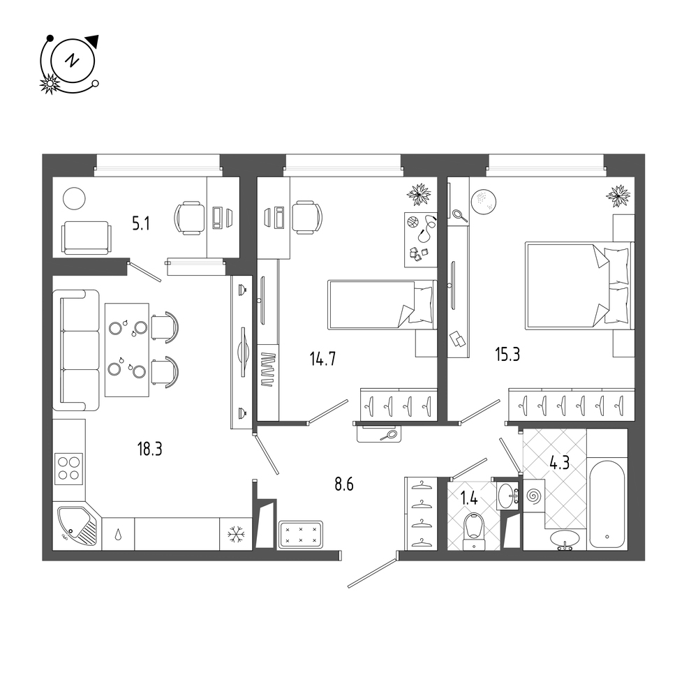 2-комнатная квартира  №208 в Domino: 64.8 м², этаж 9 - купить в Санкт-Петербурге