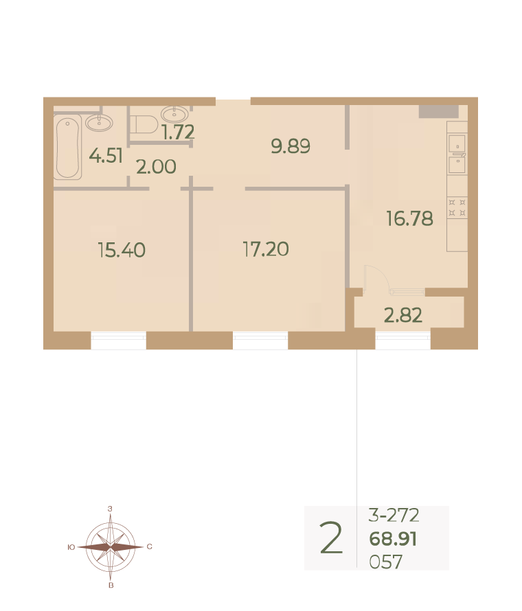 2-комнатная квартира  №57 в Neva Haus: 69.4 м², этаж 7 - купить в Санкт-Петербурге