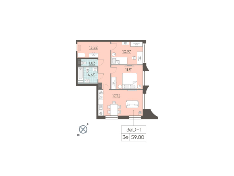 2-комнатная квартира  №247 в NEOPARK: 59.8 м², этаж 12 - купить в Санкт-Петербурге