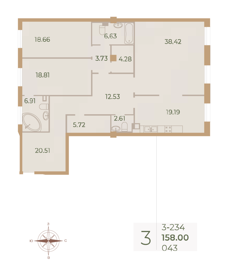 3-комнатная квартира  №43 в Neva Haus: 157.9 м², этаж 3 - купить в Санкт-Петербурге