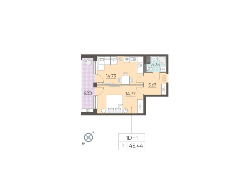 1-комнатная квартира  №252 в NEOPARK: 45.1 м², этаж 12 - купить в Санкт-Петербурге