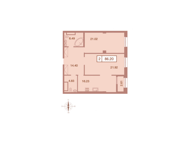2-комнатная квартира, 86.7 м²; этаж: 8 - купить в Санкт-Петербурге