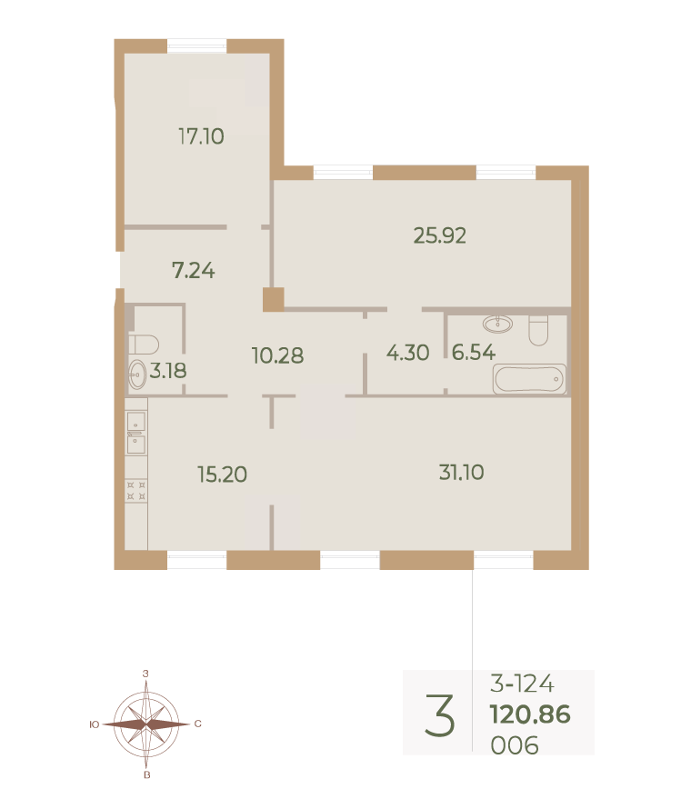 3-комнатная квартира  №6 в Neva Haus: 121 м², этаж 2 - купить в Санкт-Петербурге