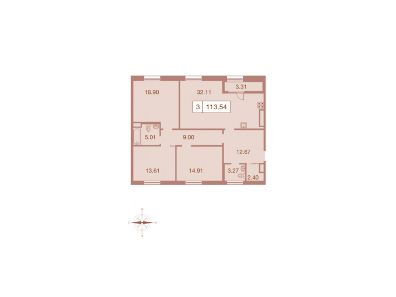 3-комнатная квартира  №128 в Neva Haus: 114 м², этаж 9 - купить в Санкт-Петербурге