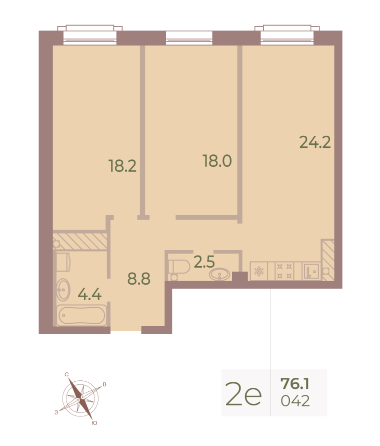 2-комнатная квартира  №42 в Neva Haus: 76.2 м², этаж 9 - купить в Санкт-Петербурге