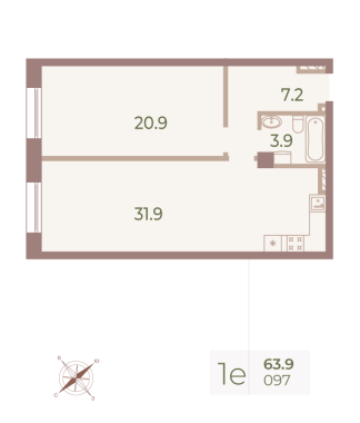 1-комнатная квартира  №97 в Neva Haus: 64 м², этаж 4 - купить в Санкт-Петербурге