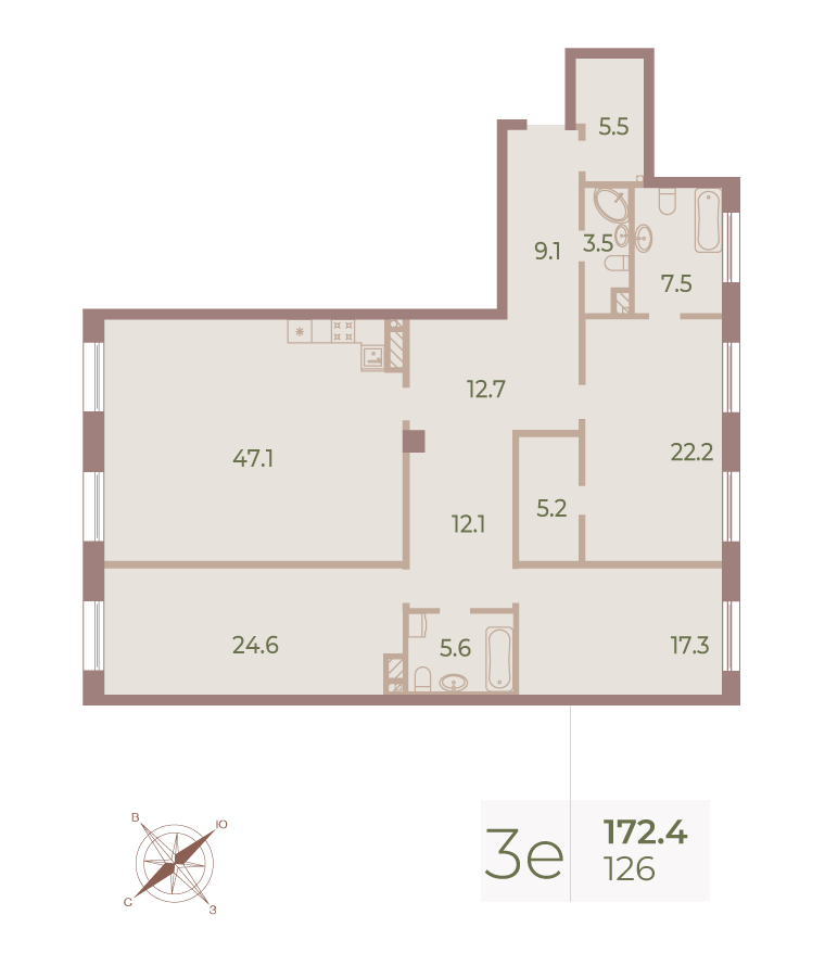 3-комнатная квартира, 172.4 м²; этаж: 7 - купить в Санкт-Петербурге